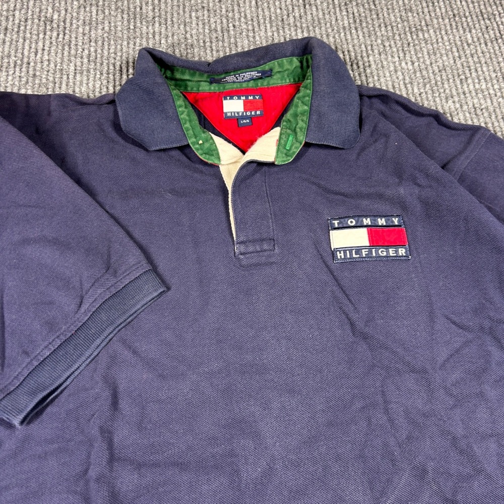 Vintage Tommy Hilfiger Shirt Mens L Blue Short Sleeve Rugby Polo Preppy Street